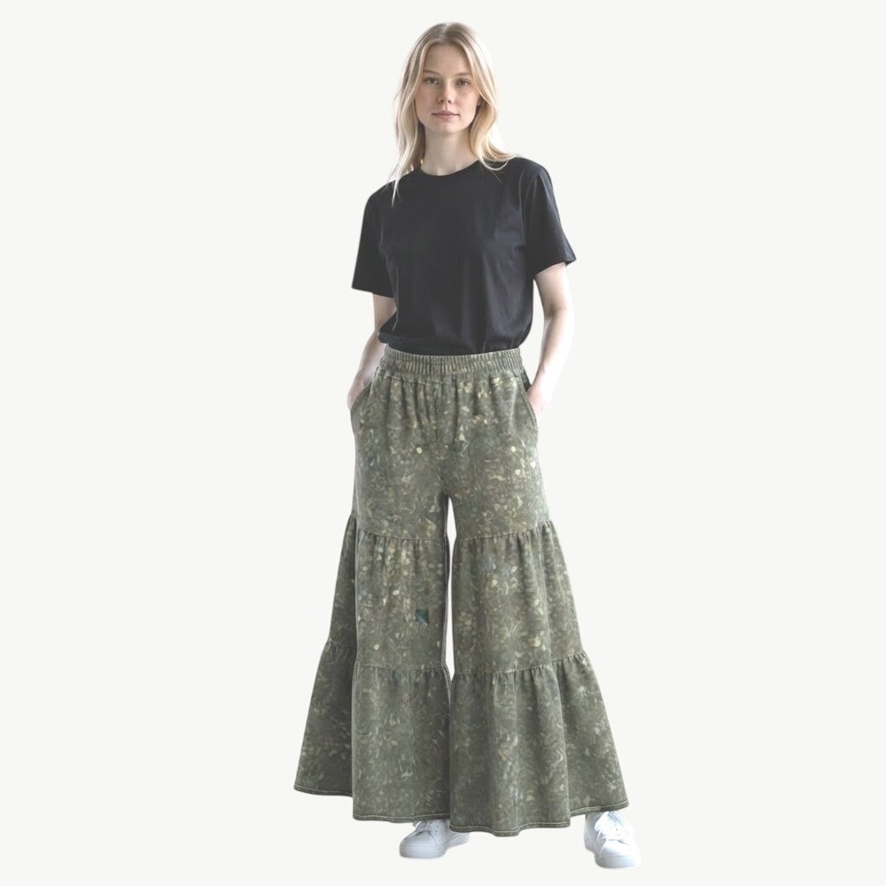 Love 83 Womens 2XL Mineral Wash Tiered Palazzo Pants Olive Green Wide Leg Boho